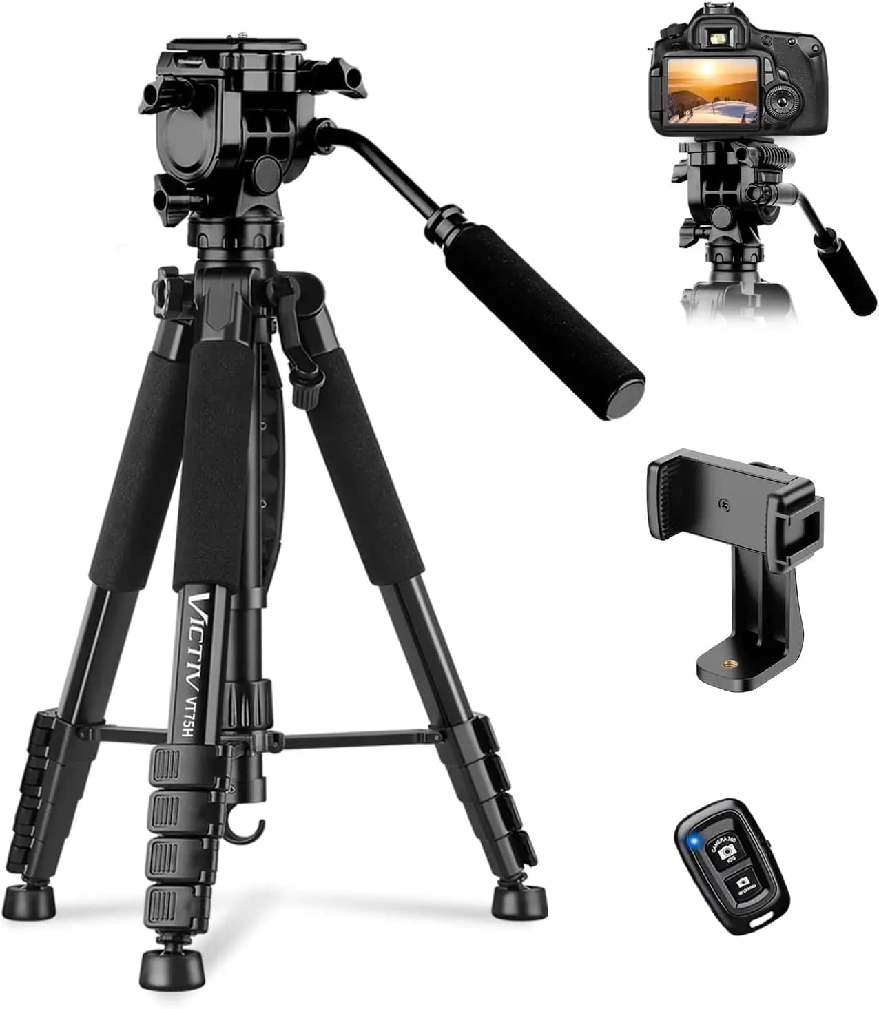 Treppiede per Fotocamera Resistente da 75 Pollici con Supporto per Telefono e Borsa da Viaggio, Compatibile con DSLR, Videocamera, GoPro, Carico Massimo 7,2 kg