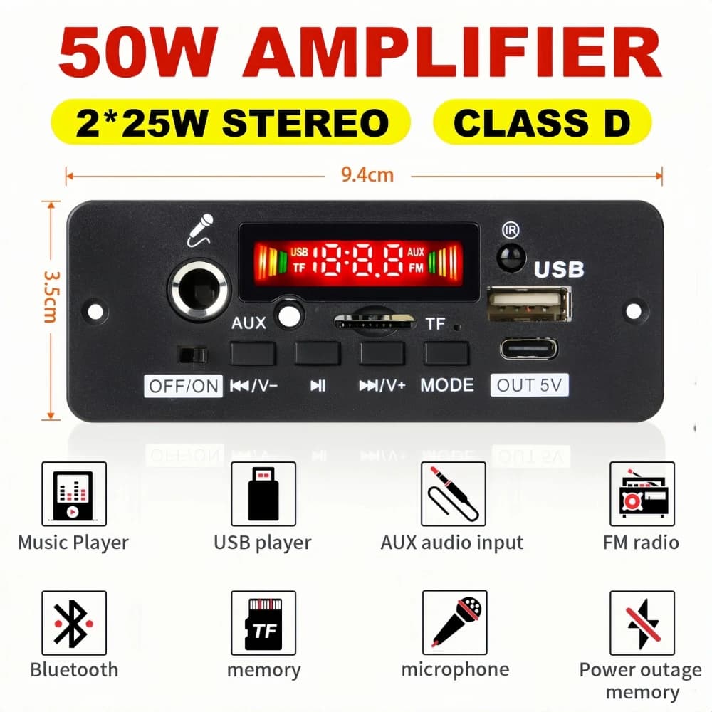 Amplificatore da 50 W Scheda di decodifica MP3 Bluetooth Lettore MP3 per auto fai da te Cartella di registrazione FM USB Commutazione Microfono Vivavoce con telecomando