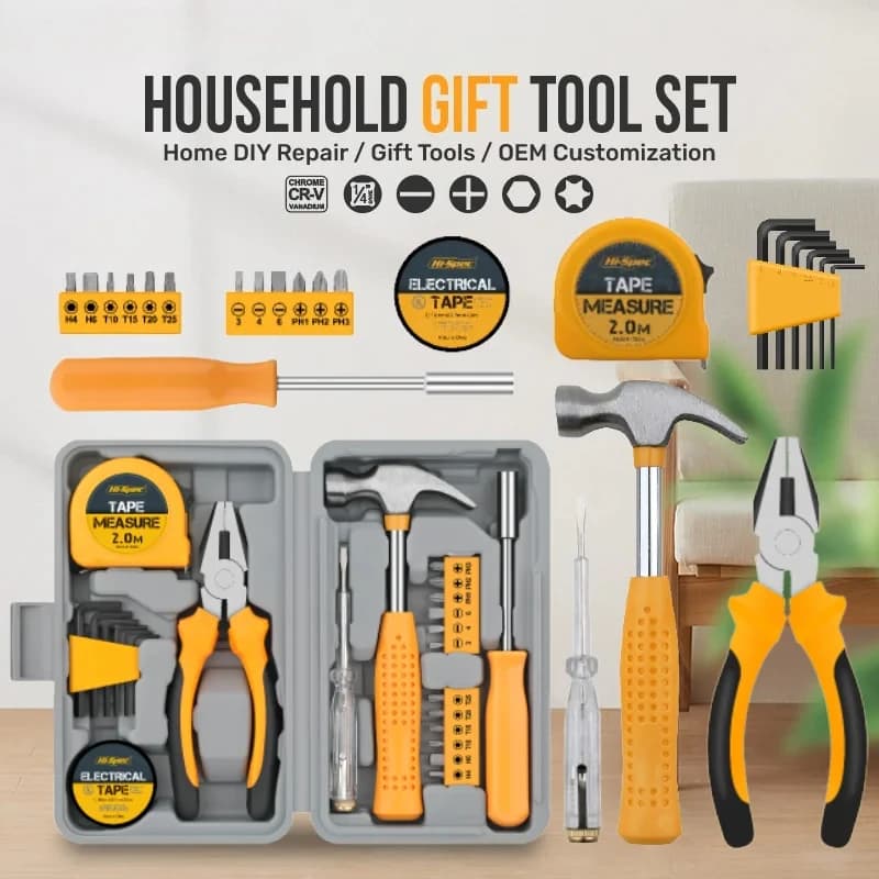 24-Piece Compact Home & Office Yellow DIY Hand Tool Kit Set for Household Improvement Repairs Wire Cutter