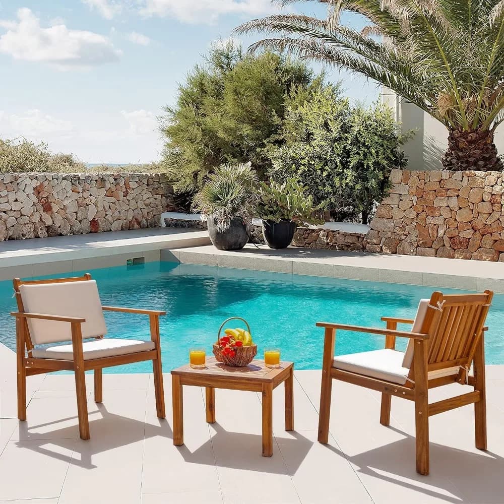 Set of patio 3 pieces in acacia wood for outdoor furniture, conversation seat with table and cushions, porch chairs for balcony, terrace, backrest