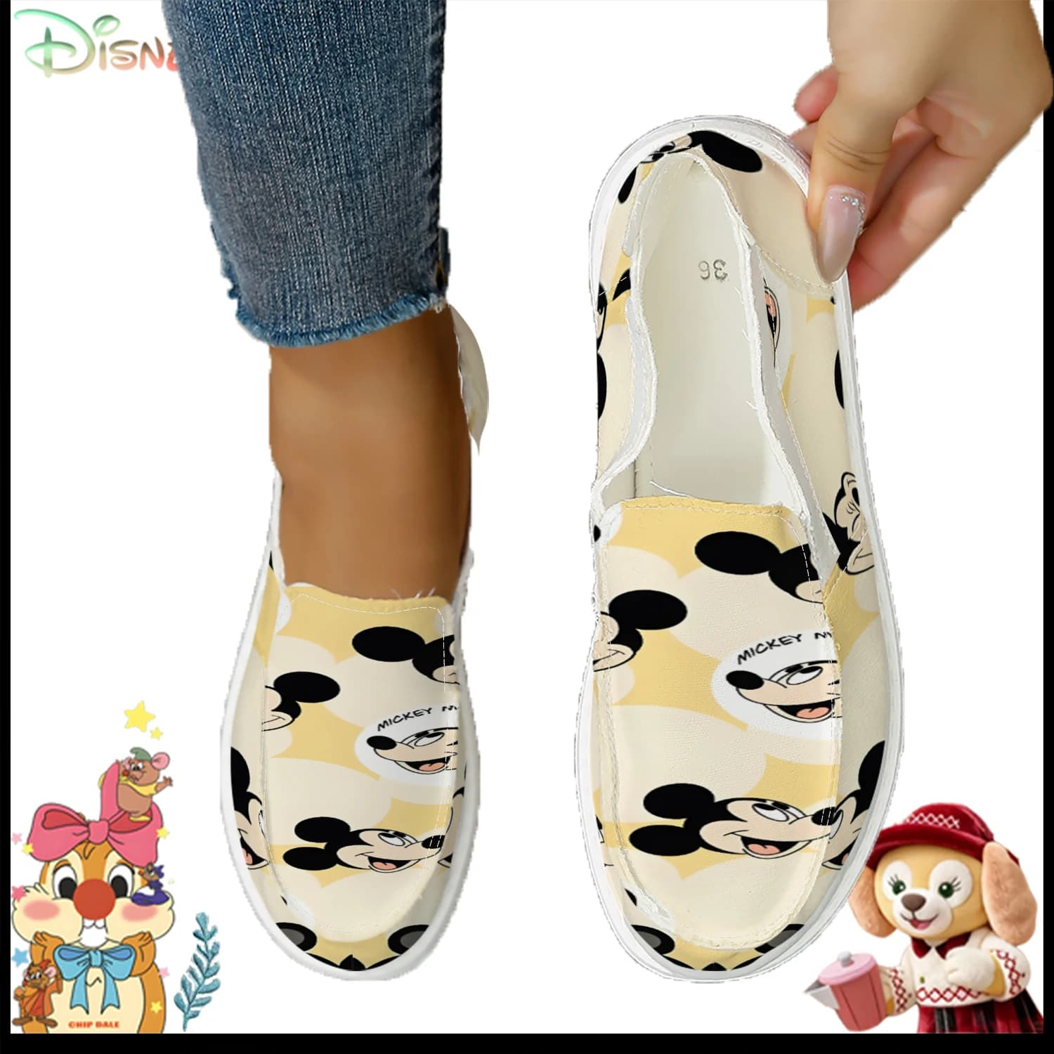 Scarpe slip-on in tela con stampa Disney Retro Mickey Mouse da donna - Mocassini piatti comodi e casual
