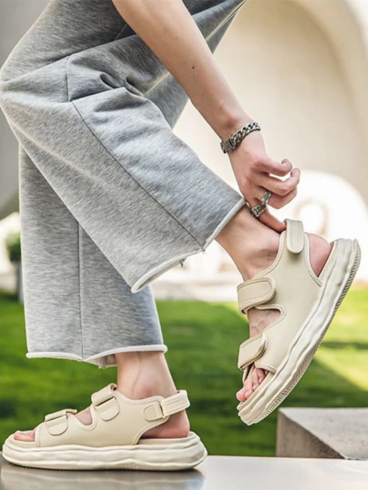 Summer Mens Platform Sandals Velcro Strap Open Toe Thick Sole Beach Slides Casual Outdoor Minimalist Trendy Shoes