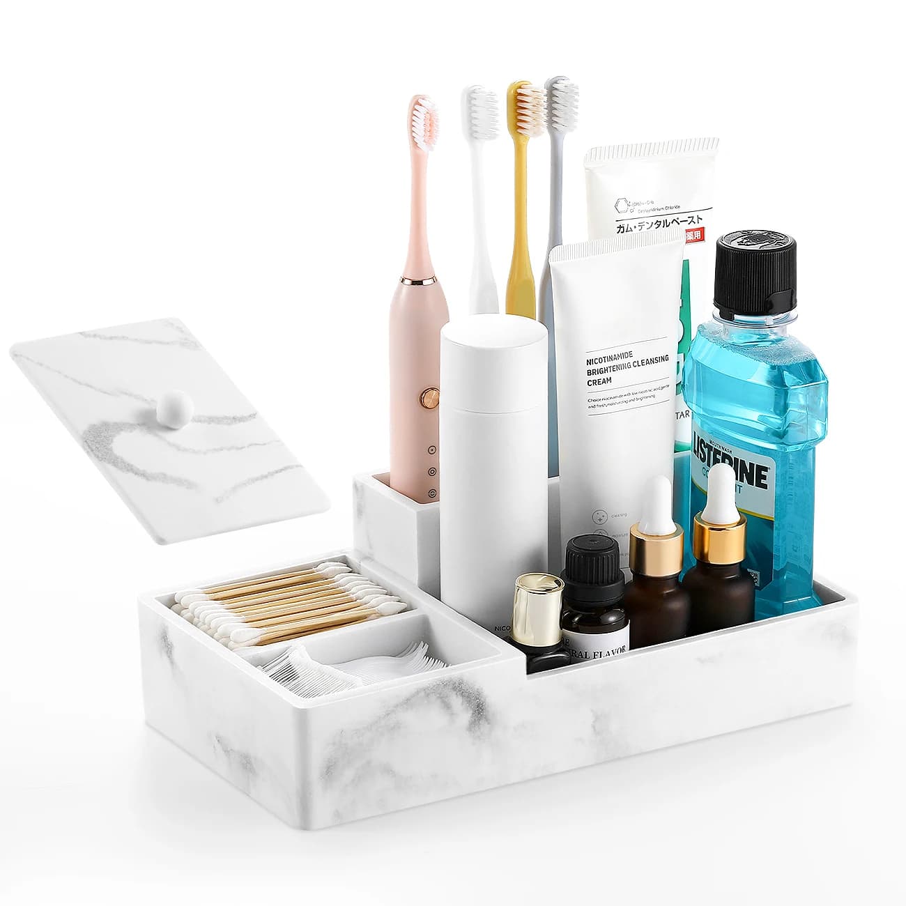 Organizer da bancone da bagno Porta spazzolino in marmo per bagno Organizzatore da bagno a 6 slot con coperchio per batuffolo di cotone
