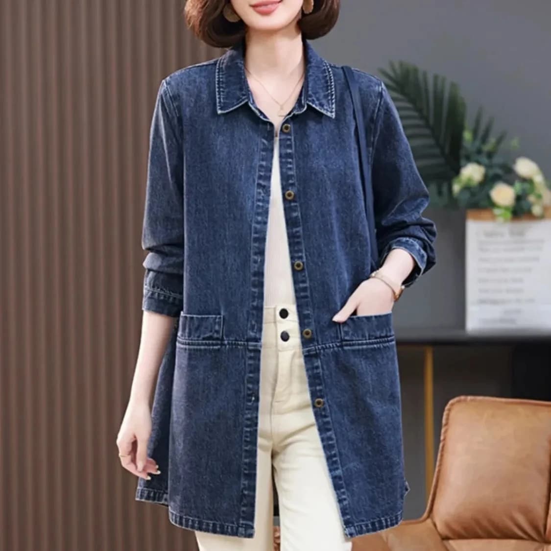 Giacca di jeans medio lunga per donna Primavera Autunno 2025 Nuova versione coreana di moda Camicia di jeans versatile casual morbida allentata femminile