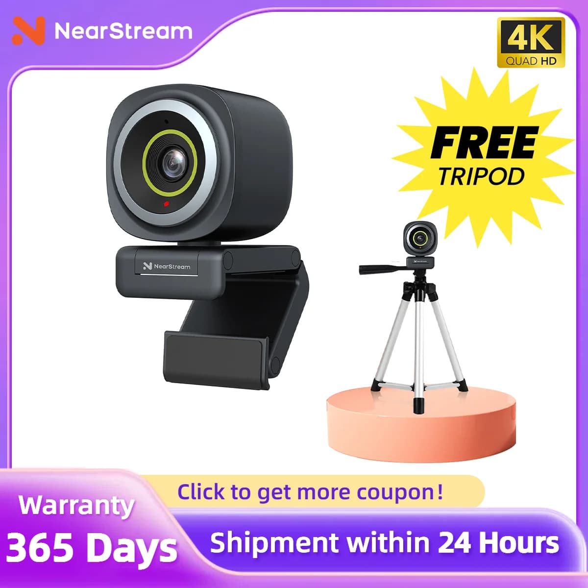Nearstream 4K Webcam HDR 1080P@60FPS Microphone with noise cancellation 45 ° -95 ° AI frame with automatic focus FOV adjustable for PC