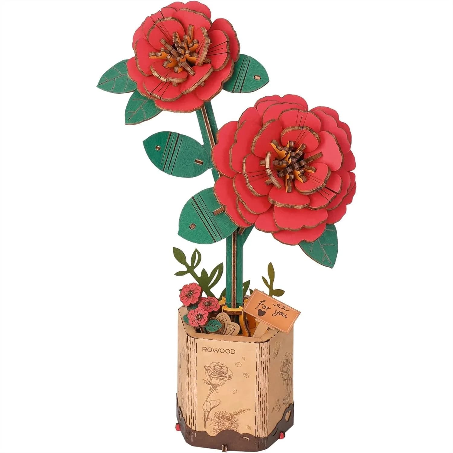 Kit Artigianale 3D in Legno a Forma di Fiore, Set di Costruzione Fai-da-Te Camelia Rossa per Mamma, Regalo Duraturo per Arredamento Casa