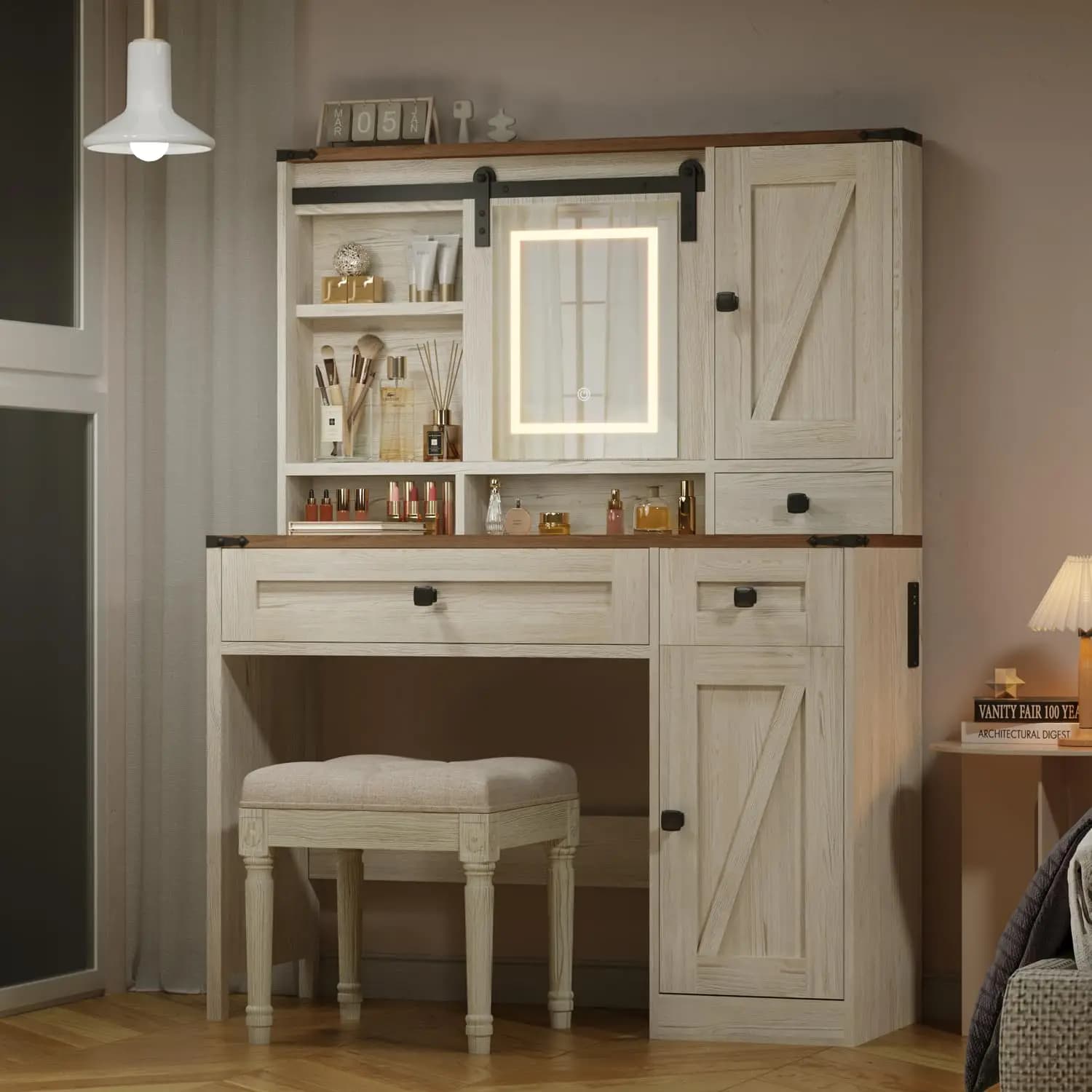 42in Farmhouse Makeup Vanity Desk Lighted Mirror Power Strip Barn Door Shelves Drawers Jewelry Cabinet White Adjustable, Custom