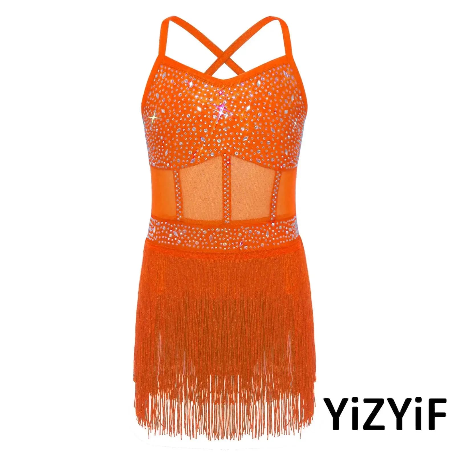 Vestito da ballo latino per tango con strass per ragazze Maglia trasparente Patchwork a strati con frange e nappe Vestito intero da ginnastica Dancewear