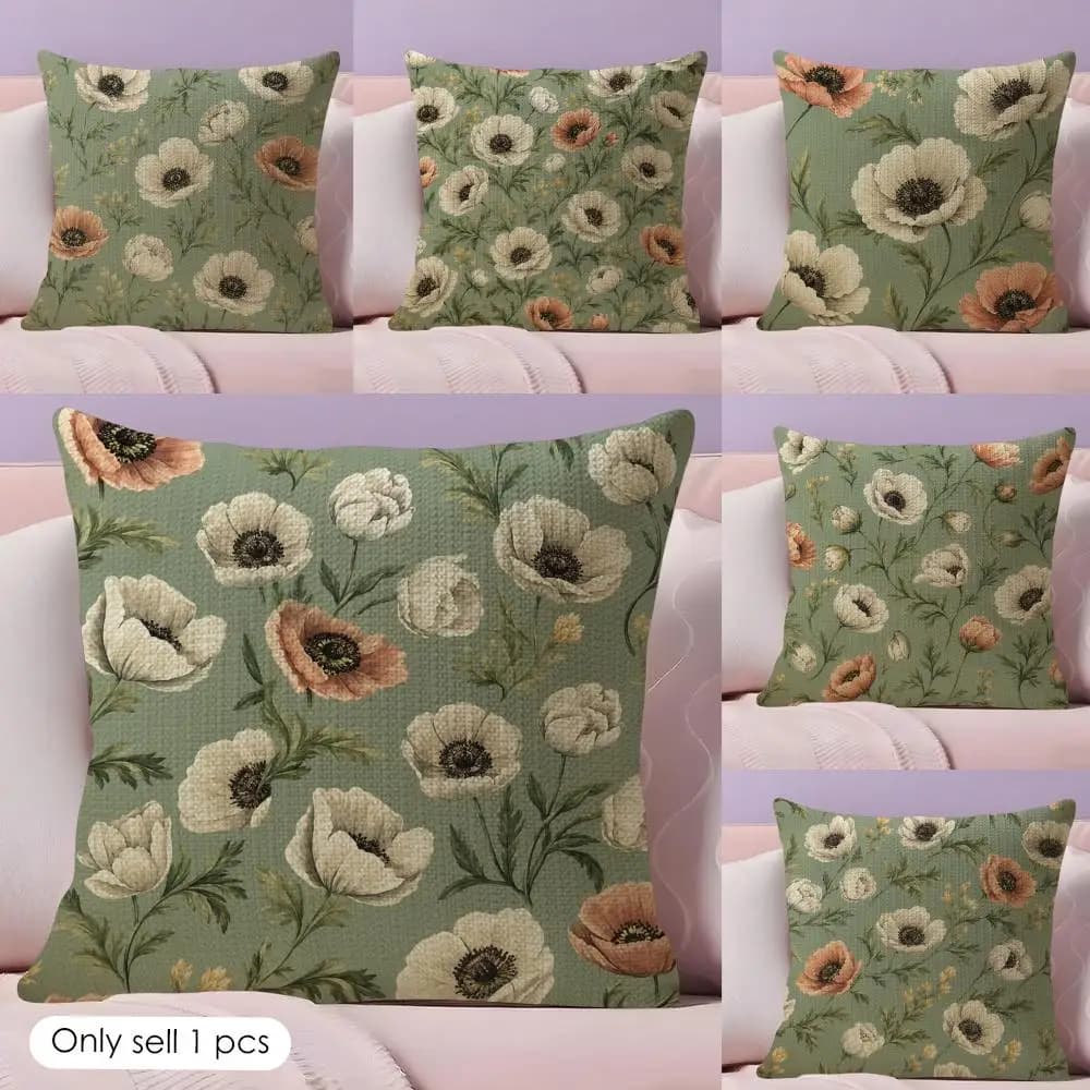 Fodera per cuscino con stampa di fiori di anemone, in lino naturale, stampa fronte-retro, per divano e decorazioni per la casa
