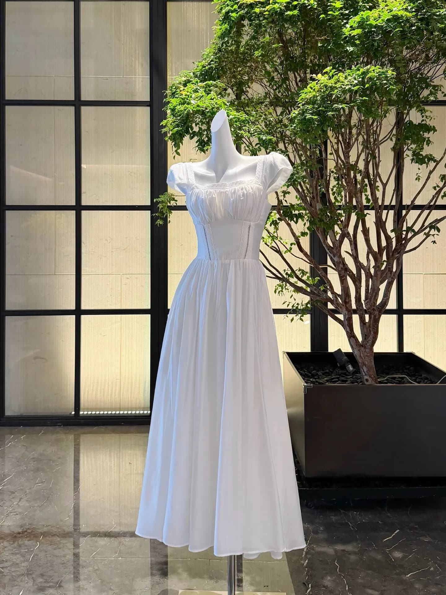 Back Bow Decoration Women White Dress Lace Hollow Out High Waist Square Collar Short Sleeve Casual Female Cotton Robe
