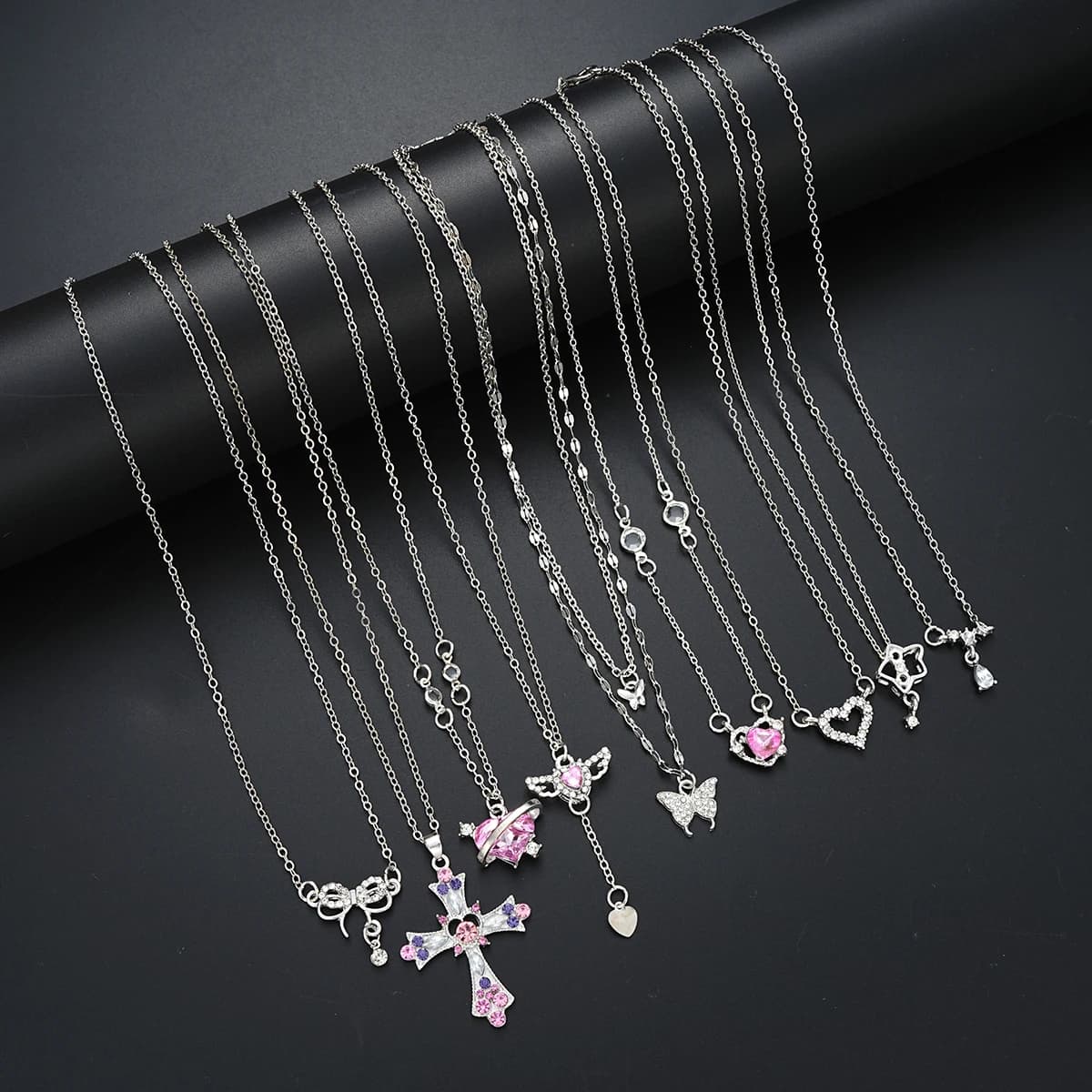 Random 1 women's elegant zircon pendant necklace set fashionable pink cross butterfly heart bow necklace party jewelry gift