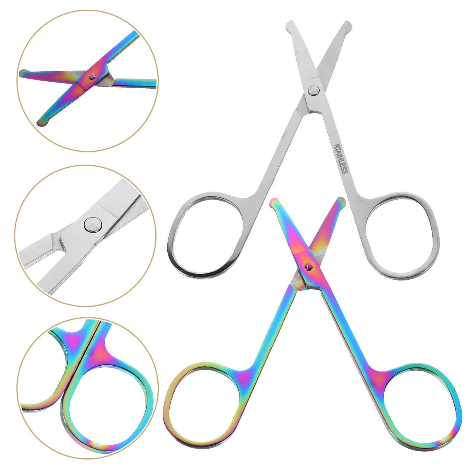 2Pcs Nose Hair Scissor Multi-Function Round Tip Beard Shear Eyebrow Trimmer Facial Hair Cutting Kit Portable Home Use Tool