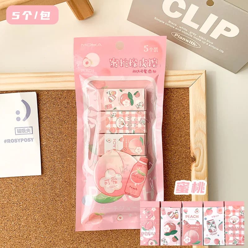 5pcs/set Cute Eraser Kawaii Cartoon Animal Bunny Peach Eraser Lovely Stationery Tool Pencil Eraser School Student Supplies