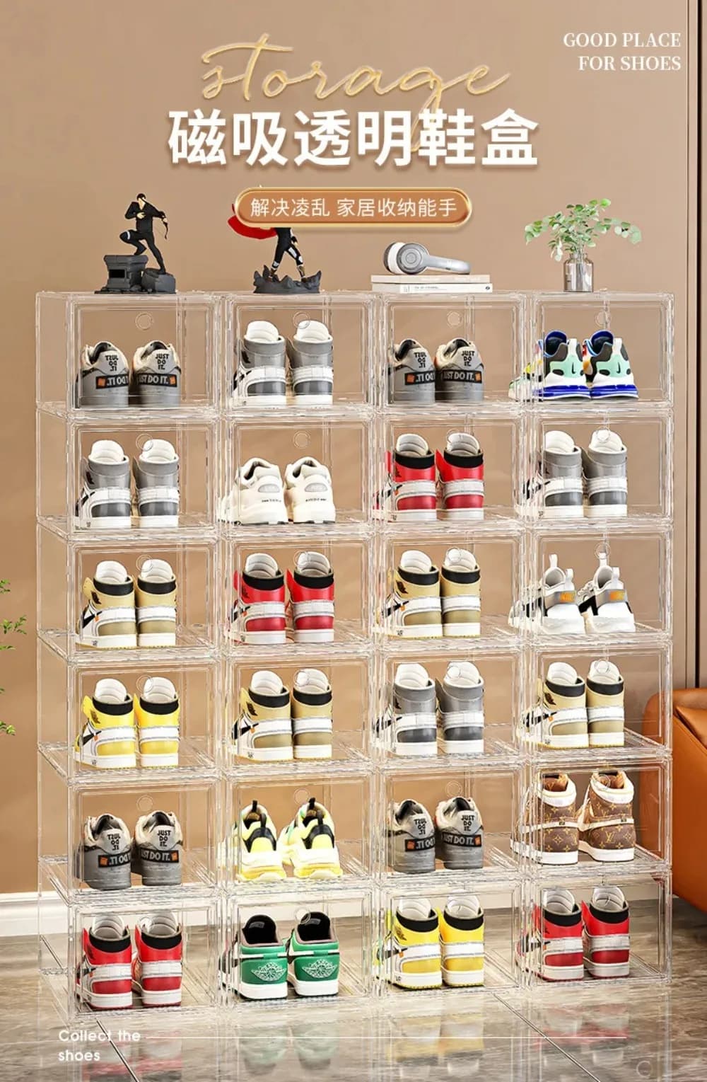 AJ large shoe box, transparent shoe box thickened with magnetic closure, multilayer stackable shoe organizer