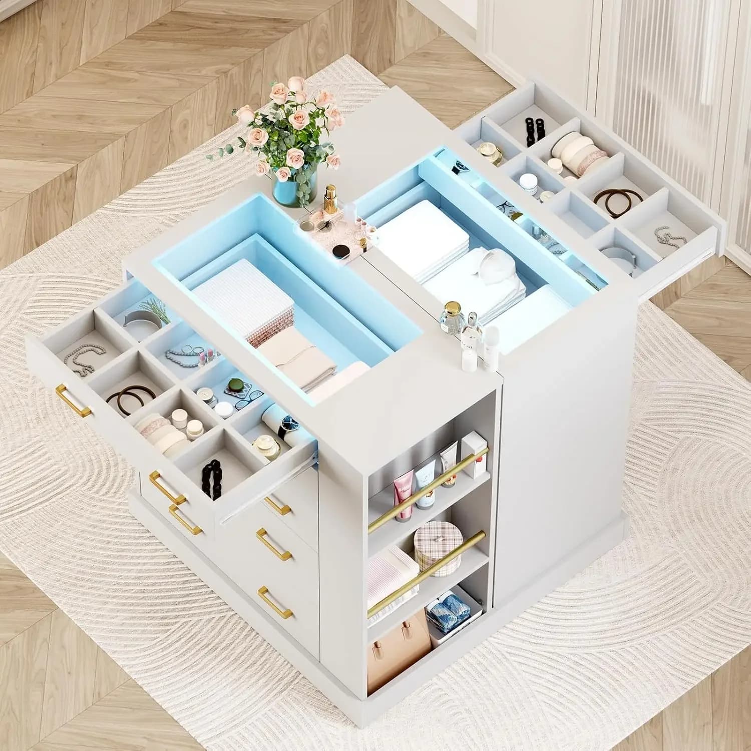 Closet Island with Open Shelves, Modern Glass Top Dresser with LED Lights, Tall Chest of Drawers with Jewelry Organizer for Bedr