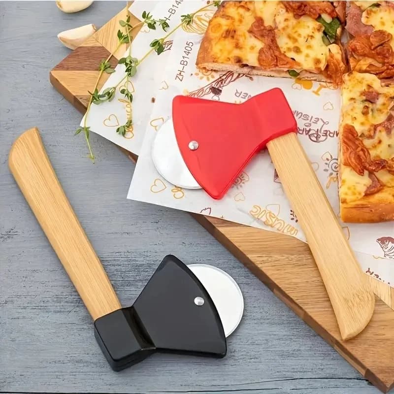 1pc Stainless Steel Roller Pizza Cutting Creative Wooden Handle Axe Pizza Knife Circular Middle Handle Pizza Cutting Knife