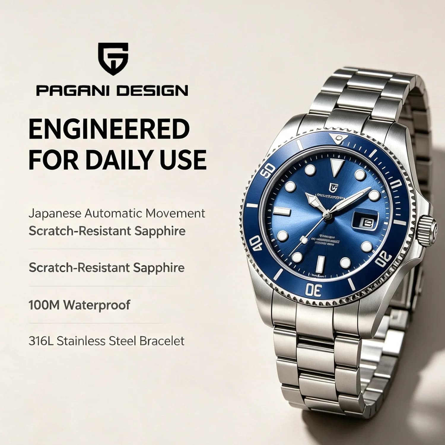 PAGANI DESIGN Business Automatic Watches Sapphire Glass Diver's Mechanical Wristwatch Stainless Steel Business Watch For Men