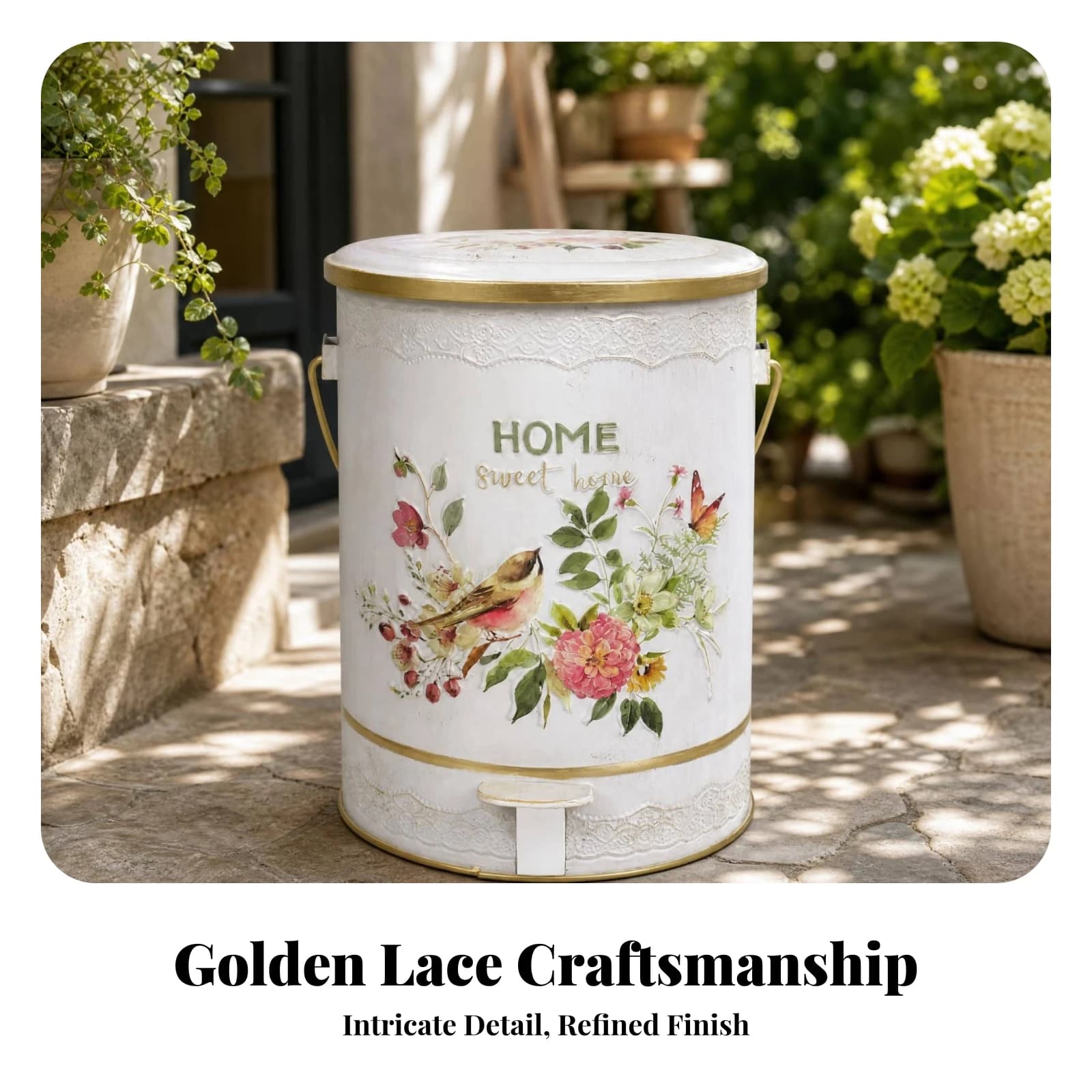 Home Storage Step Trash Can Carrying Handle Embossed Lidded Wastebasket Floral Print Pedal Trash Can