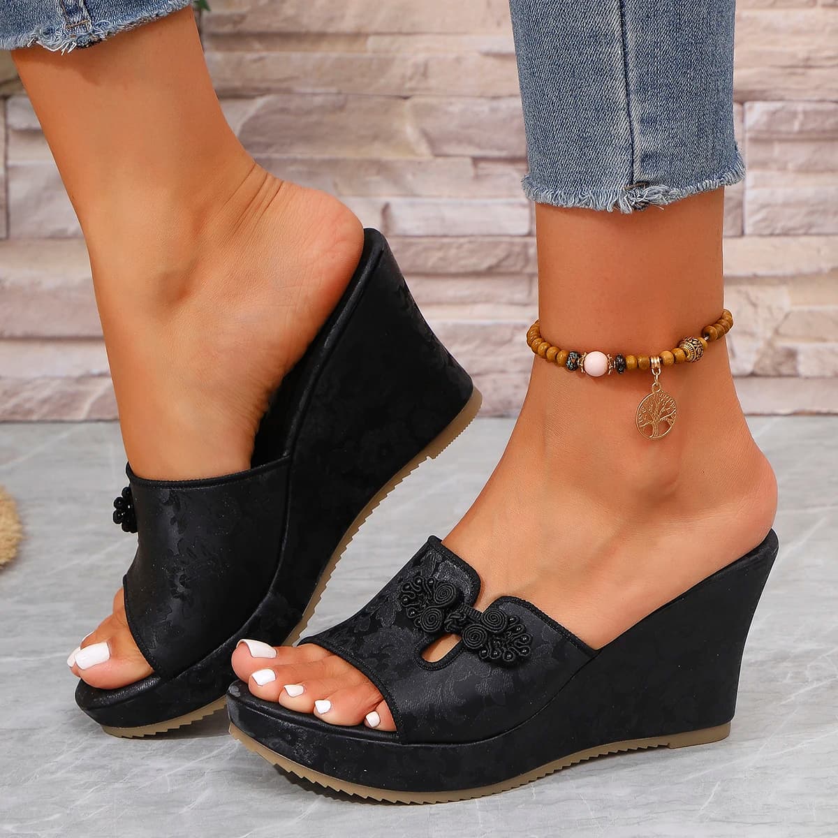 Black White Plus Size 35-43 Wedges Heel Platform Sandals Woman Chinese Style Summer Footwear Women Comfor Thick Sole Slippers