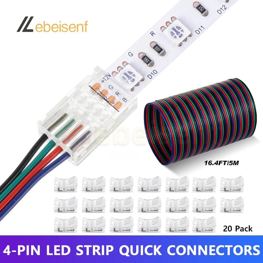 Connettori rapidi per strisce flessibili LED RGB da 8/10 mm Cavo di prolunga a 4 pin Luci per strisce luminose da 16,4 piedi Connettore per strisce LED senza saldatura