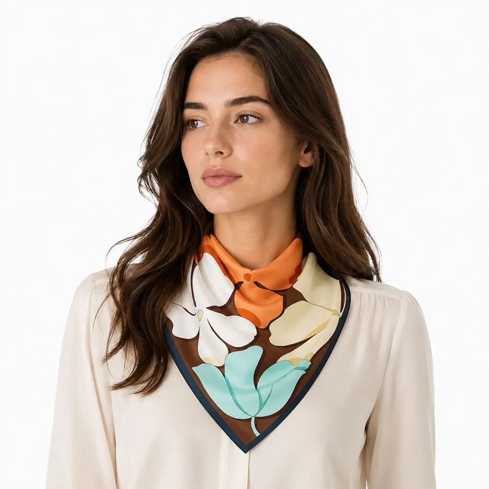 53cm Luxury Natural Silk Scarf Women Plumeria Retro Large Floral Print Bandana Head Square Neckerchiefs Lady Hairband Choker