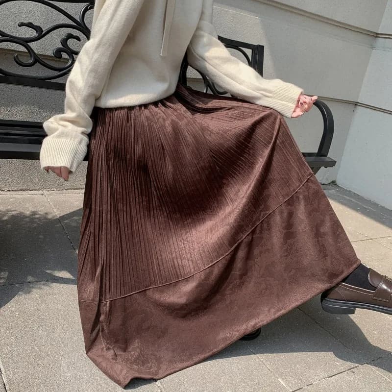 Gonna Midi in Velluto Alice con Ricamo Floreale Kaki, Vita Alta, Linea A, Nuova Collezione Autunno Inverno Stile Coreano