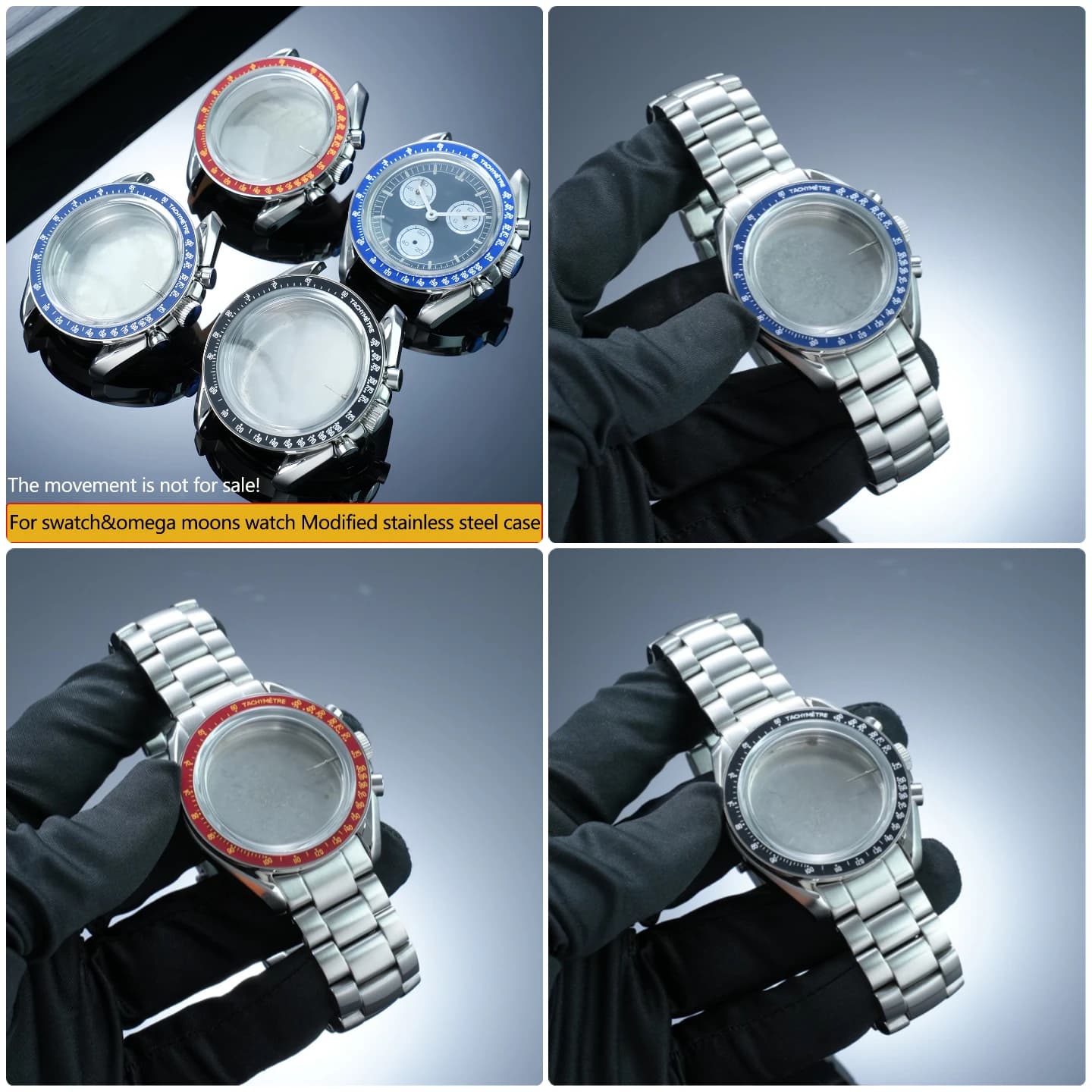 304 stainless steel metal shell case mod kit for Swatch&Omega moon watch 42mm dial Upgrade metal case stainless steel watchband
