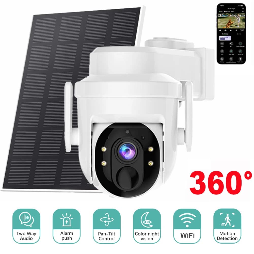 4MP Solar PTZ WiFi Camera with Integrated Battery, Bidirectional Audio and Color Night Vision