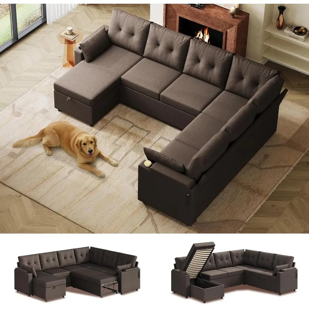 Divano Letto a 7 Posti con Chaise Longue Contenitore, Cuscini, Rivestimento Rimovibile, Portabicchieri, Porte USB, Marrone