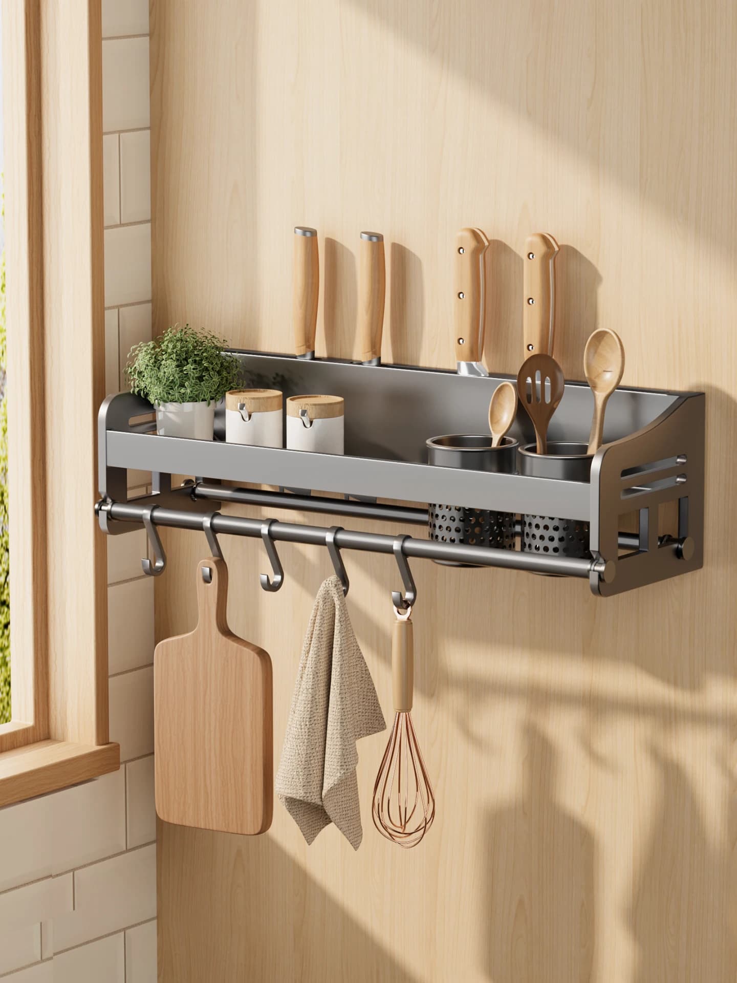 Multifunctional Kitchen Wall Organizer, Mirror Door and Knives with Hooks, Without Drilling, Carbon Steel