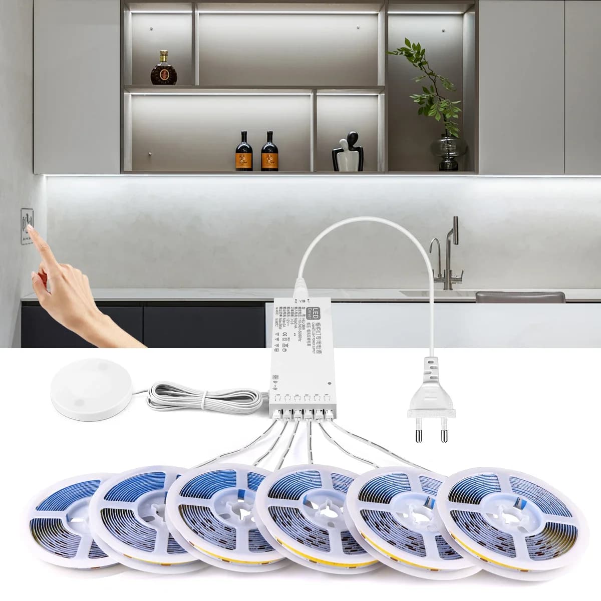 Kit di Strisce LED COB da 2-6 Pezzi con Sensore Touch/Manuale Dimmerabile per Illuminazione Armadi, Cucina, Guardaroba e Decorazione Pareti di Fondo
