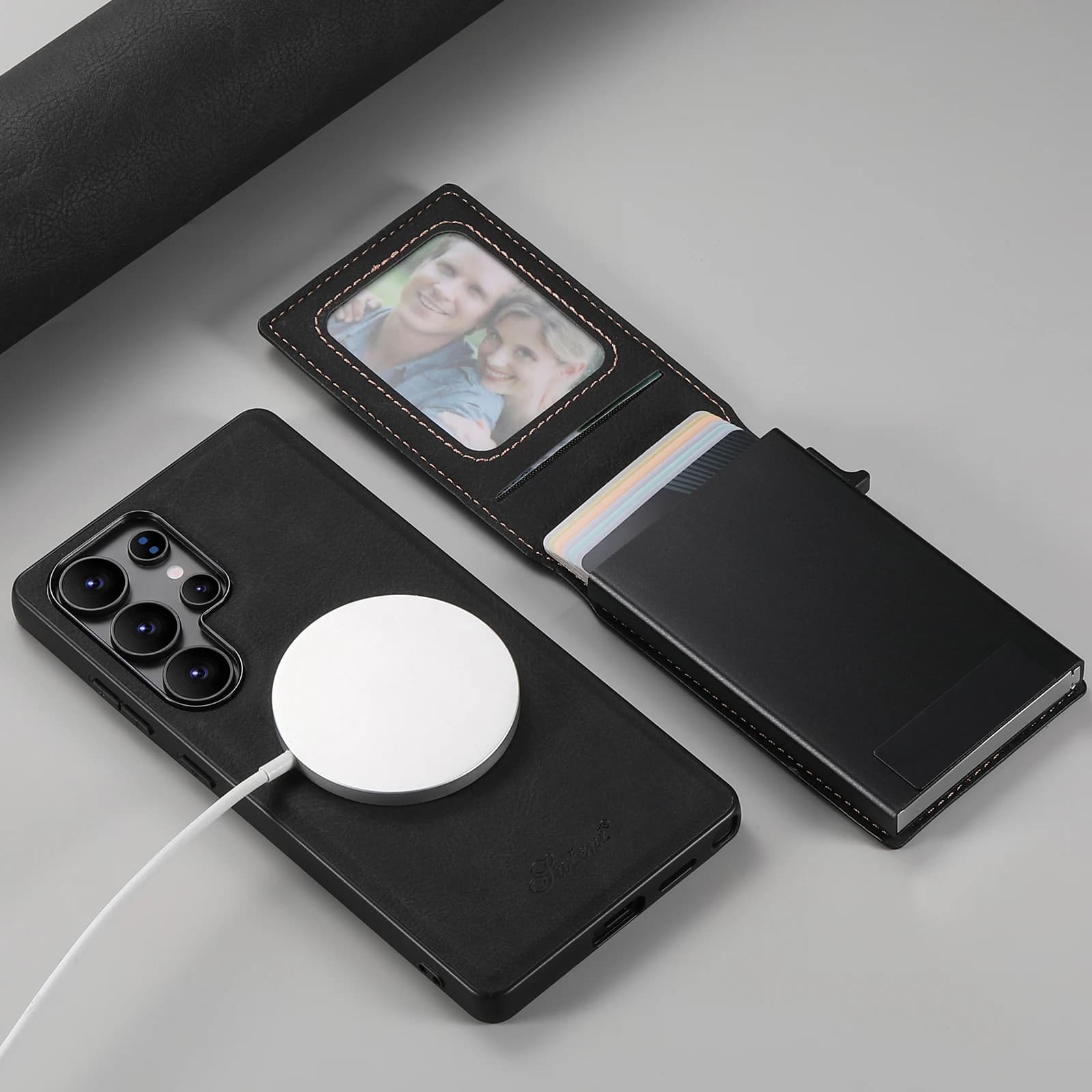 Phone case with wireless charging, card slot, luxurious leather, with wallet, button card holder, photo frame, compatible with Samsung S26Ultra S24