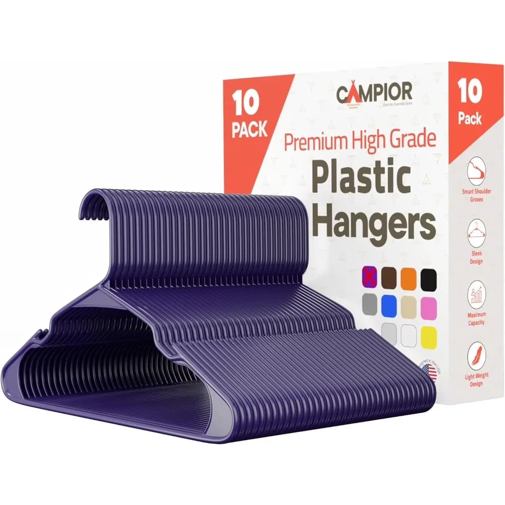 New Heavy Duty Plastic Hangers 10 Pack Slim Space Saving Durable Lightweight Hangers with Non Slip Shoulder Notches for Dresses Suits Jackets Camisoles