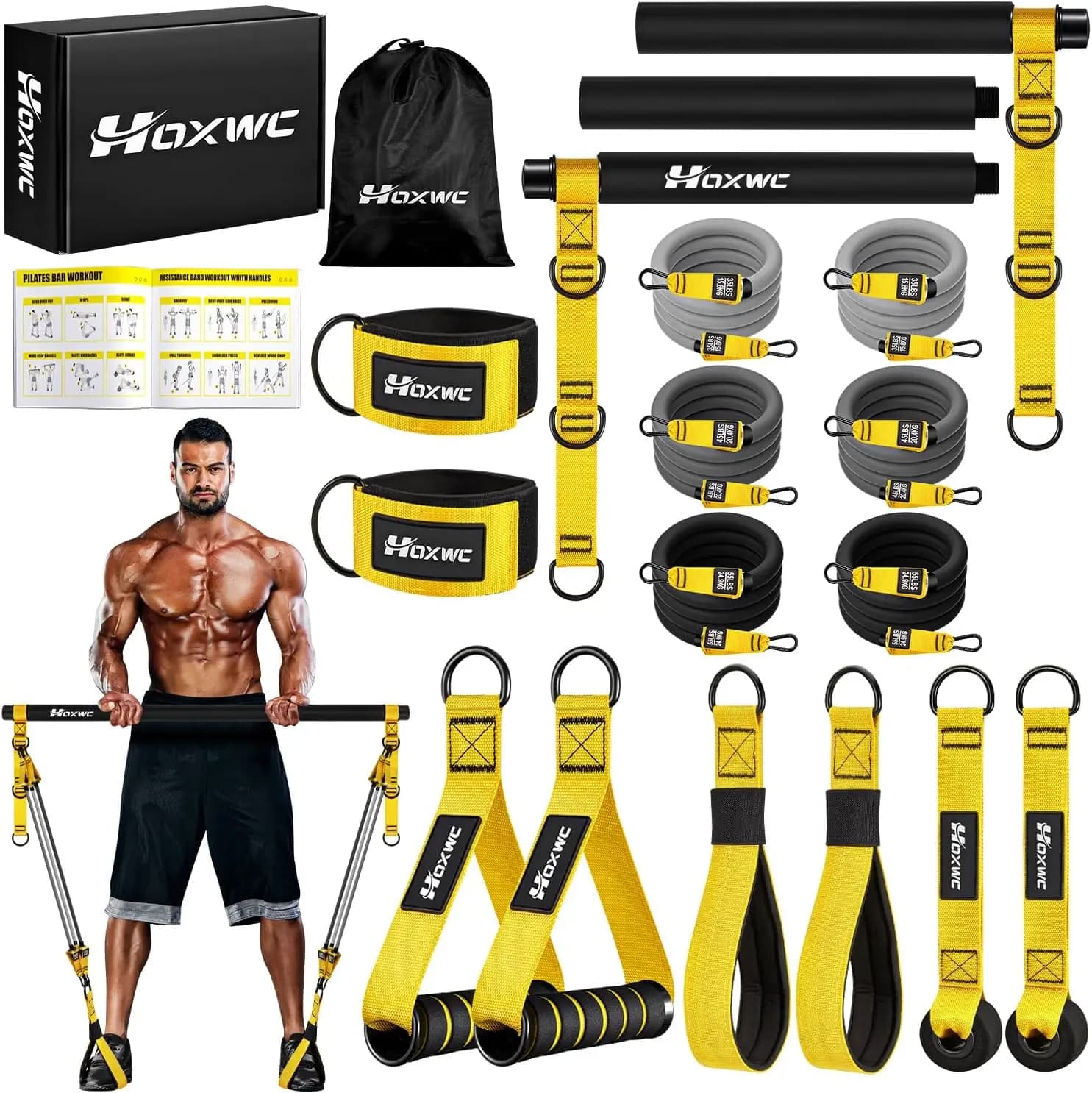 Kit Pilates Portable Bar with Adjustable Resistance Bands, Robust Squat Equipment for Full Body Strength Training at Home