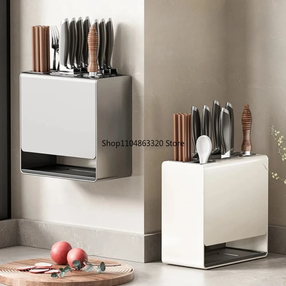 Portacoltelli da cucina multifunzione Bacchette a parete Portaprovette Scarico Organizzatore di stoccaggio integrato Coltelli Gancio Ganci