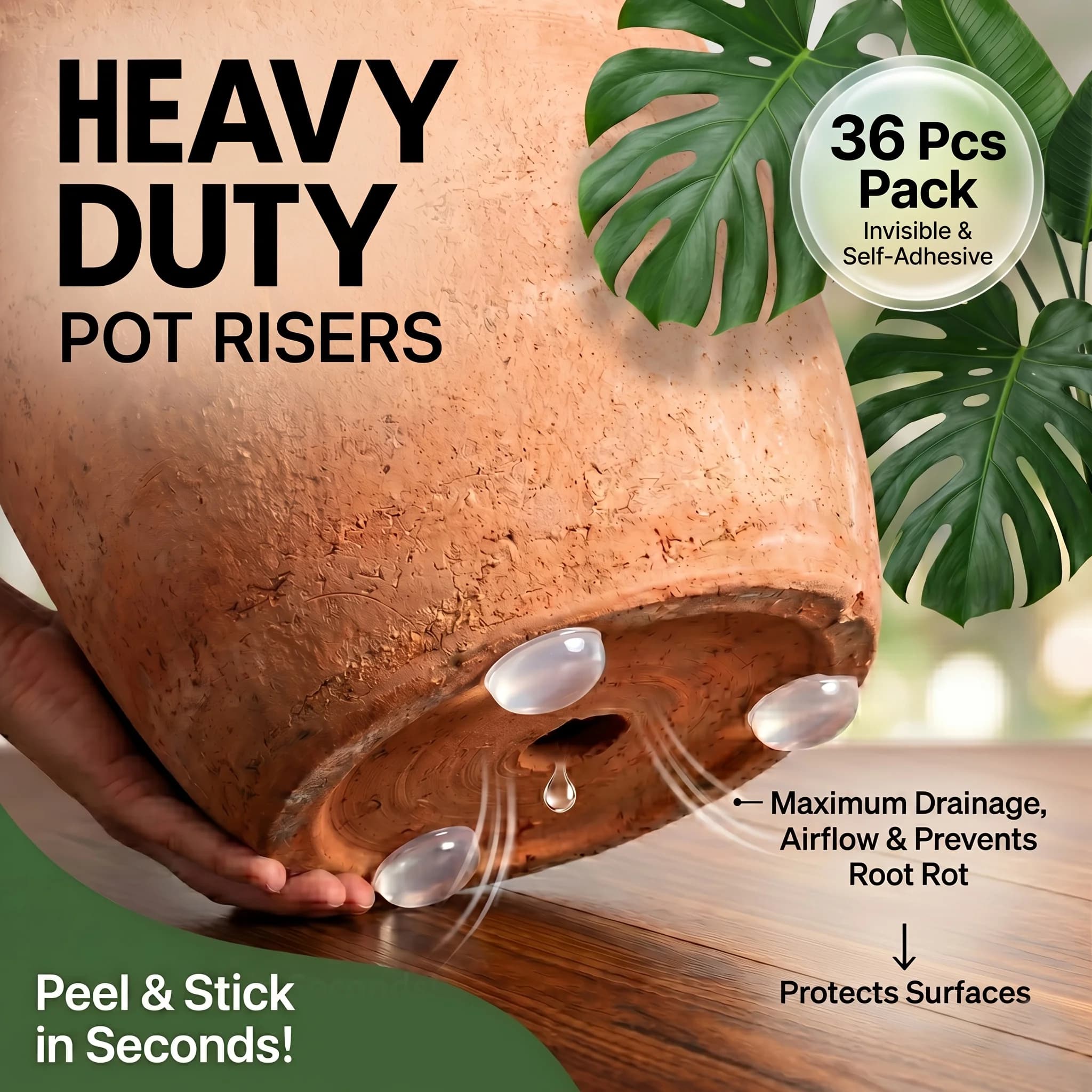 Self-Adhesive Anti-Slip Plant Risers Suitable for /Outdoor Pots,Invisible Planter Feet Elevators with Optimal Drainage & Airflow