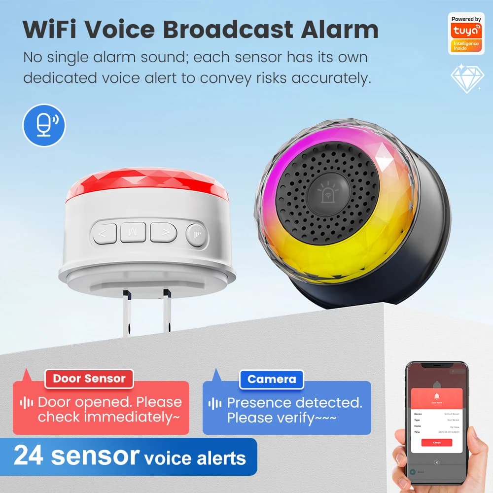 Tuya WiFi Sound And Light Alarm Sensor With EU US UK Plug For Smart Life App Control Door/Window Sensor Camera Soil Gas Smoke