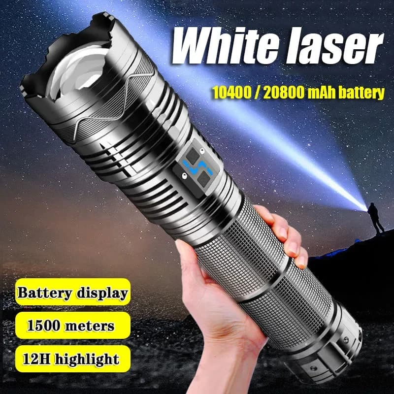 Torcia LED Super Luminosa a Lungo Raggio, Potente Luce Bianca Laser con Zoom, per Emergenze e Attività all'Aperto, con Indicatore di Batteria