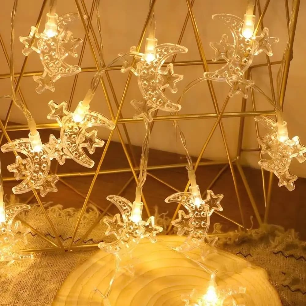 Luci a Stringa EID Mubarak 1,5 M, 10 LED a Batteria, Decorazione con Luna, Stelle e Castello, Illuminazione Islamica Musulmana per Camera da Letto