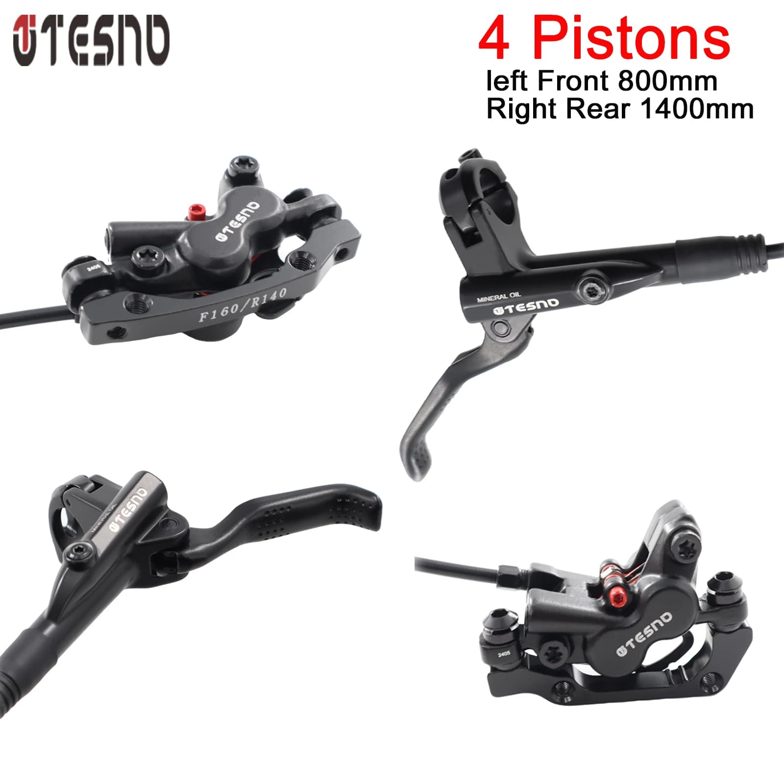TESNO Kit freno a disco idraulico a 4 pistoni Accessori per biciclette MTB Pinza sinistra anteriore destra posteriore con set di parti olio da 800mm/1400mm
