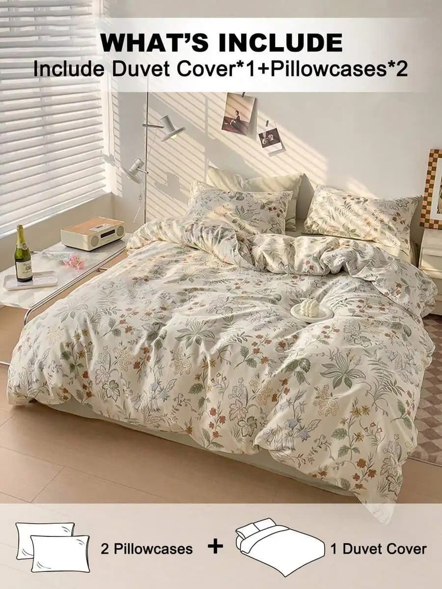 3Pcs Floral Leaf Pattern Duvet Cover Set With 2 Pillowcases Soft Skin Friendly All Season Home Use