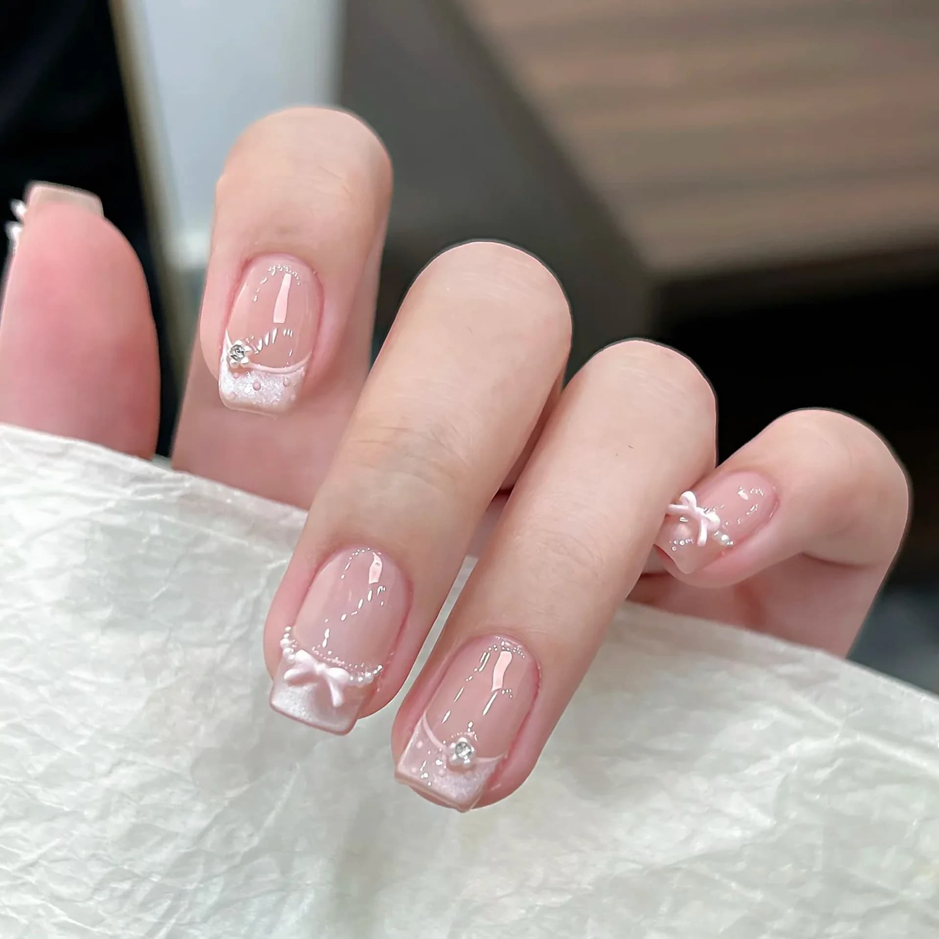 10 Pezzi Unghie Finte Estive a Forma di Cuore, Unghie Finte Effetto Occhio di Gatto, Unghie Finte 3D con Fiocco e Cuore in Strass, Unghie Finte Quadrate Francesi per Nail Art