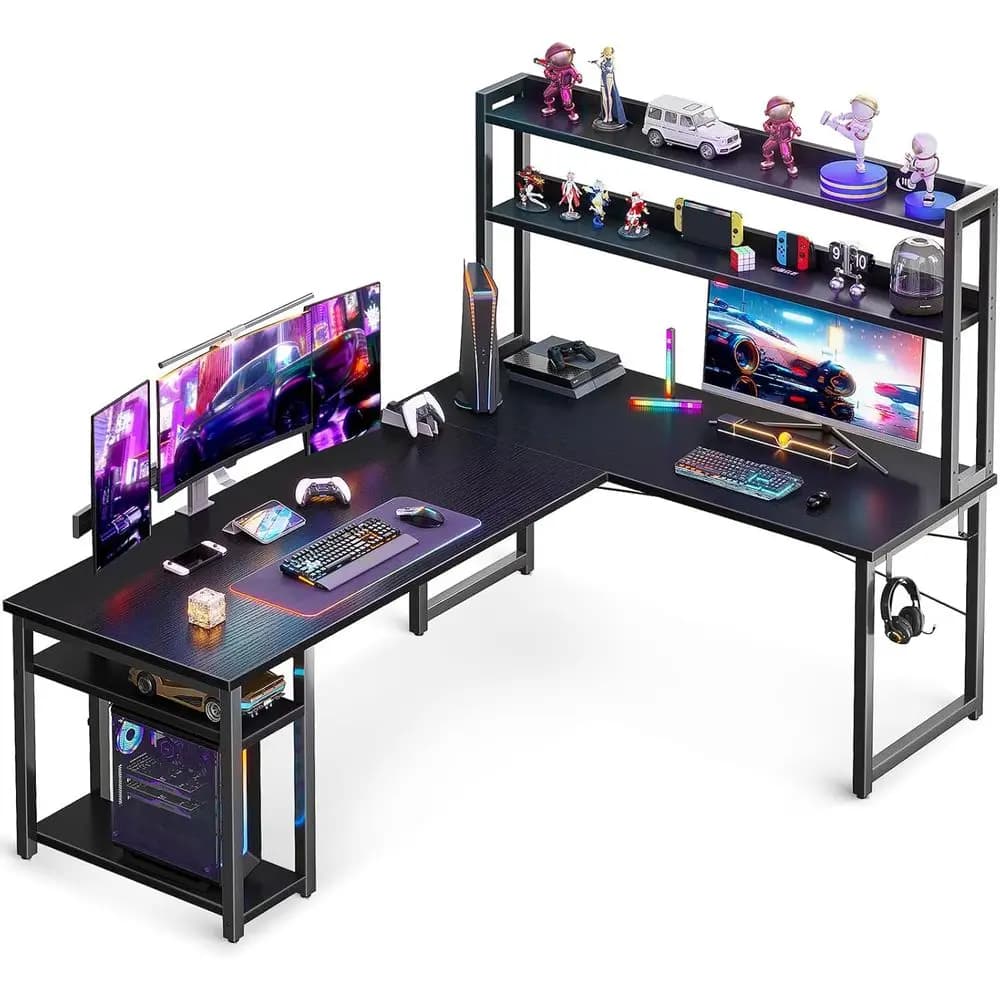 Scrivania da gaming a forma di L con spazio di archiviazione, scrivania 66 per ufficio domestico, nera con gancio per appendere