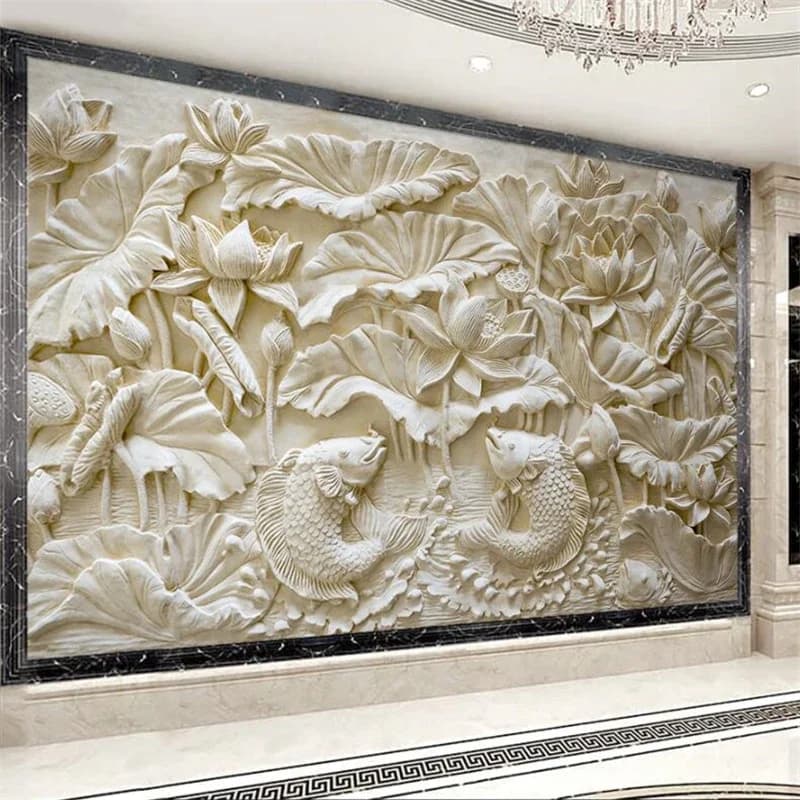 3D Intaglio del legno Foglie Piccioni Intaglio di pietra Carpa di loto Sollievo Carte da parati personalizzate Divano increspato Sfondo Fiore di ferro Design retrò