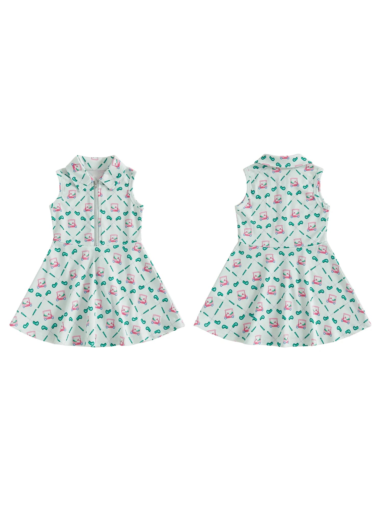 Abito da ragazza a trapezio senza maniche con colletto rovesciato e chiusura con cerniera con divertente design con stampa da golf per l'estate