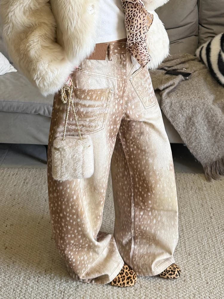 Retro High Waist Denim Jeans Women's Wide Leg Floor-Length Pants Embroidered Deer Print Color Block Design American Style