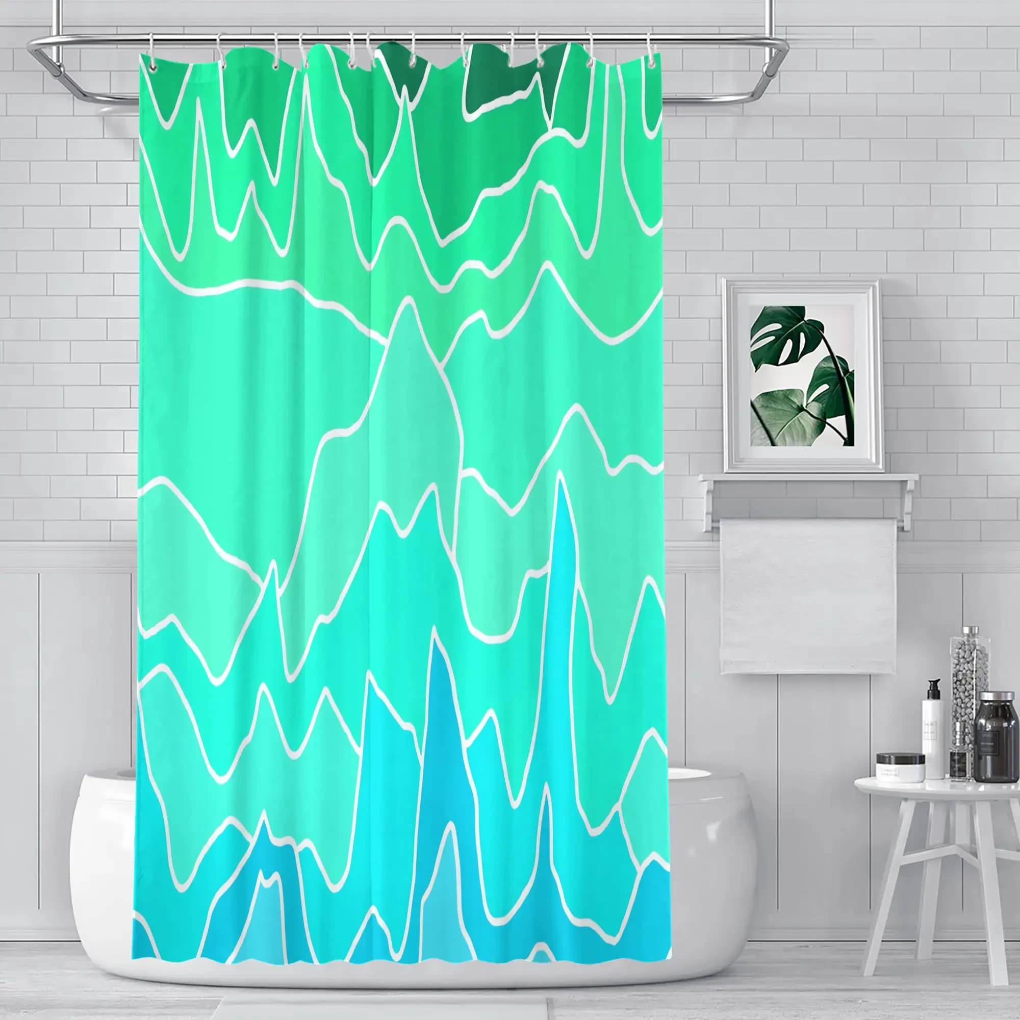 Bohemian Abstract Wave Pattern Shower Curtain Waterproof Aqua Green Bathroom Decor Modern Coastal Liner for House