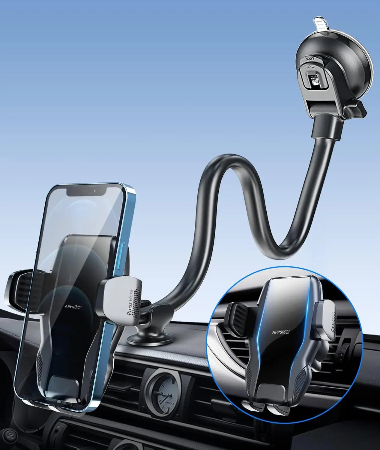 13 inch gooseneck car telephone support with powerful suction cup, compatible with most smartphones for windscreen and dashboard