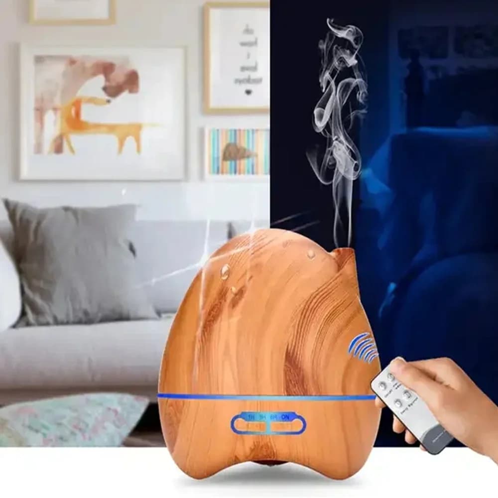Diffusore di aromi telecomandato Fragranze di olio Essentia Umidificatore ad ultrasuoni Temporizzazione del grano di legno Deodorante per ambienti a 4 timer senza BPA