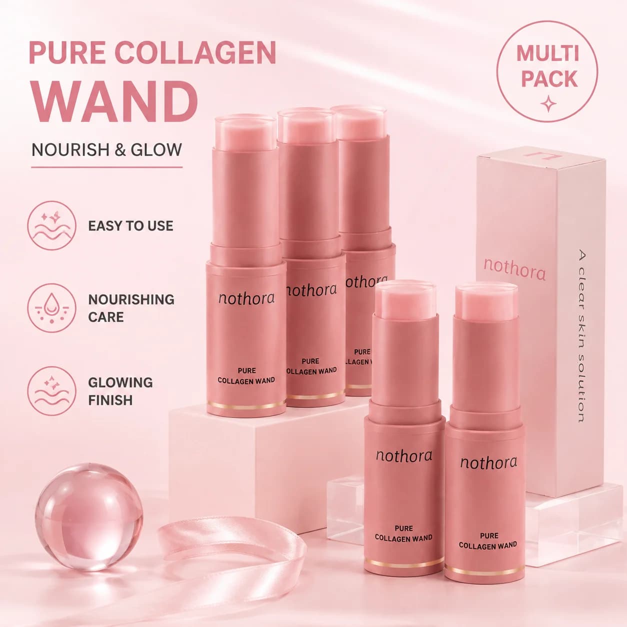Nothora Pure Collagen Wand Solid Face Stick Moisturizing Smoothing Skin Treatment Lightweight Portable Daily Facial Skin Balm